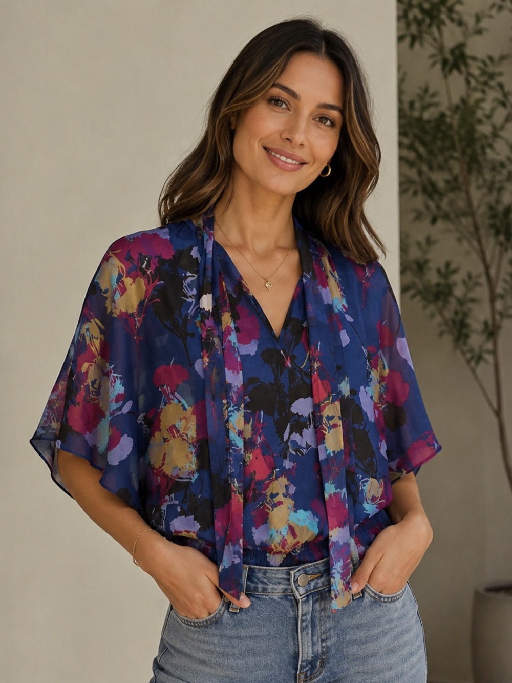 Blue Abstract Floral Scarf-Neck Blouse | Elastic Waist | Flutter Sleeve | Size L